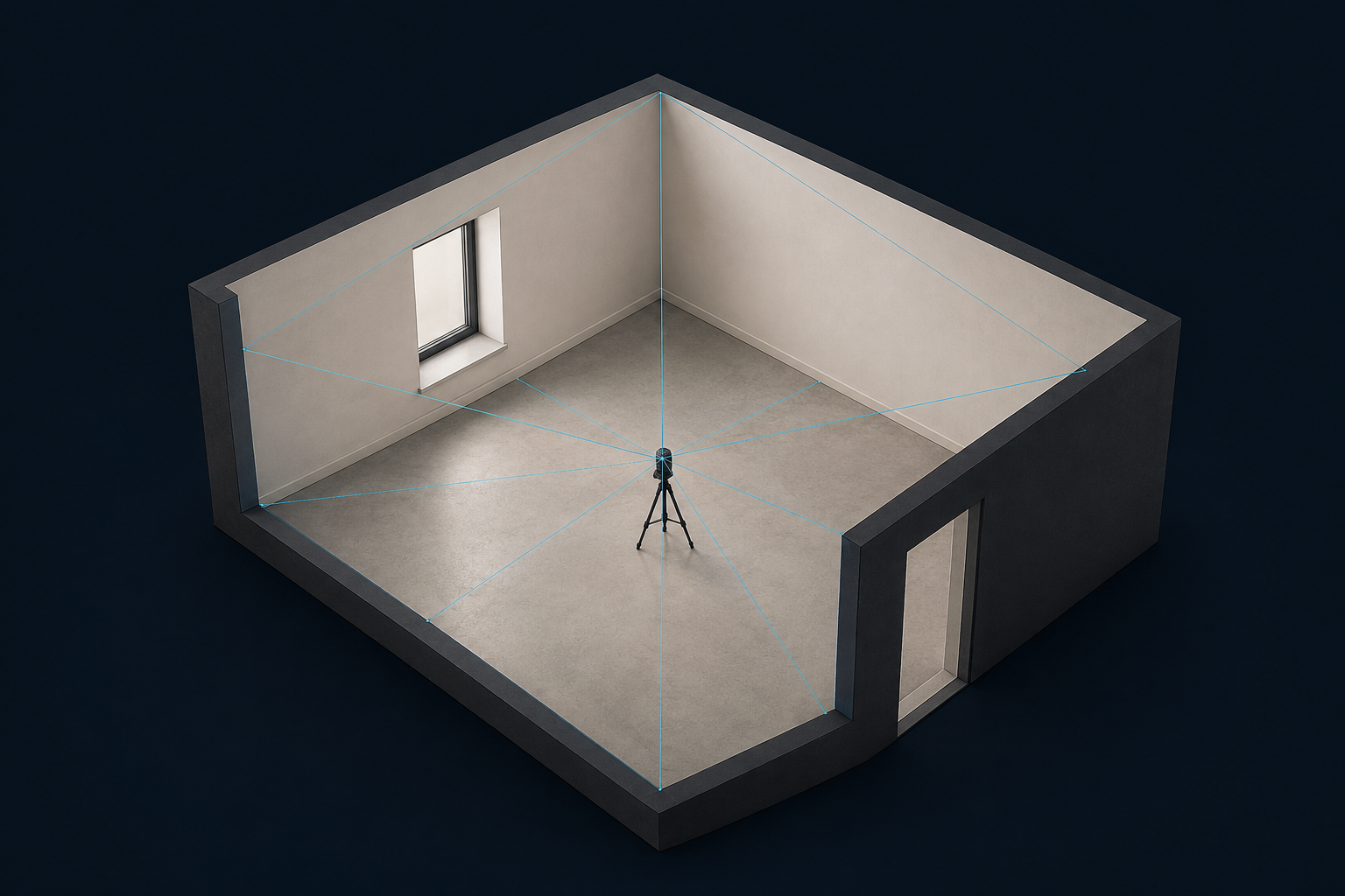 Illustrative cutaway of a room with a doorway, window and measured corner lines